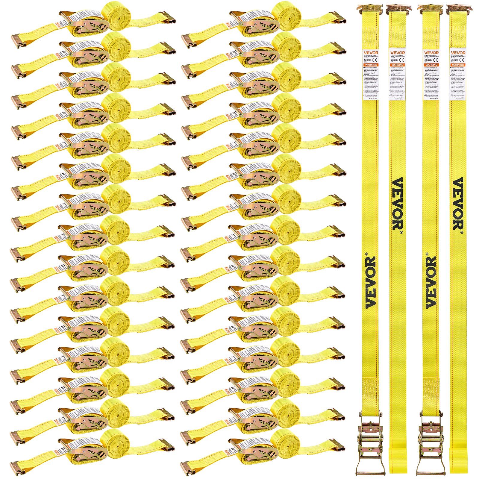 VEVOR Ratchet Straps, 50.8 mm x 4.6 m, 30 Pack E-Track Tie Down Straps, 1995 kg Break Strength & 662 kg Rated Load, Tie Down Ratcheting for Moving, Trailers, Motorcycles, Kayaks, Car Roof, Yellow