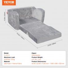 VEVOR Kids Couch, Toddler Chairs Comfy, 2-in-1 Toddler Couch Sofa Bed Fold Out, Convertible Sofa to Lounger, Kids Chair Seat Playroom Furniture for Kids Girls & Boys, Grey