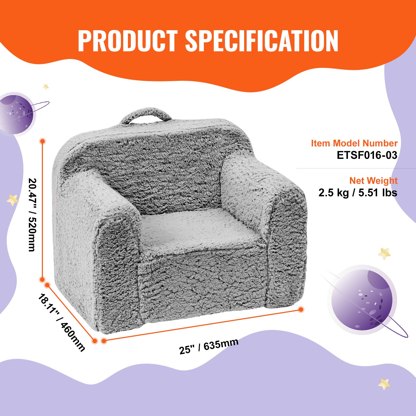 VEVOR kids armchair, gray plush, dimensions 25&quot;x18.11&quot;x20.47&quot;, model etsf016-03, weight 2.5 kg.