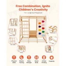 VEVOR Indoor Jungle Gym, 7-in-1 Toddler Indoor Playground, 43 x 47.2 x 47 inch, with Wood and Rope Ladder, Net Ladder, Swing, Monkey Bar, Slide, Climbing Wall, Wooden Indoor Climbing Toys for Kids