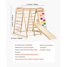 VEVOR Indoor Jungle Gym, 7-in-1 Toddler Indoor Playground, 43 x 47.2 x 47 inch, with Wood and Rope Ladder, Net Ladder, Swing, Monkey Bar, Slide, Climbing Wall, Wooden Indoor Climbing Toys for Kids