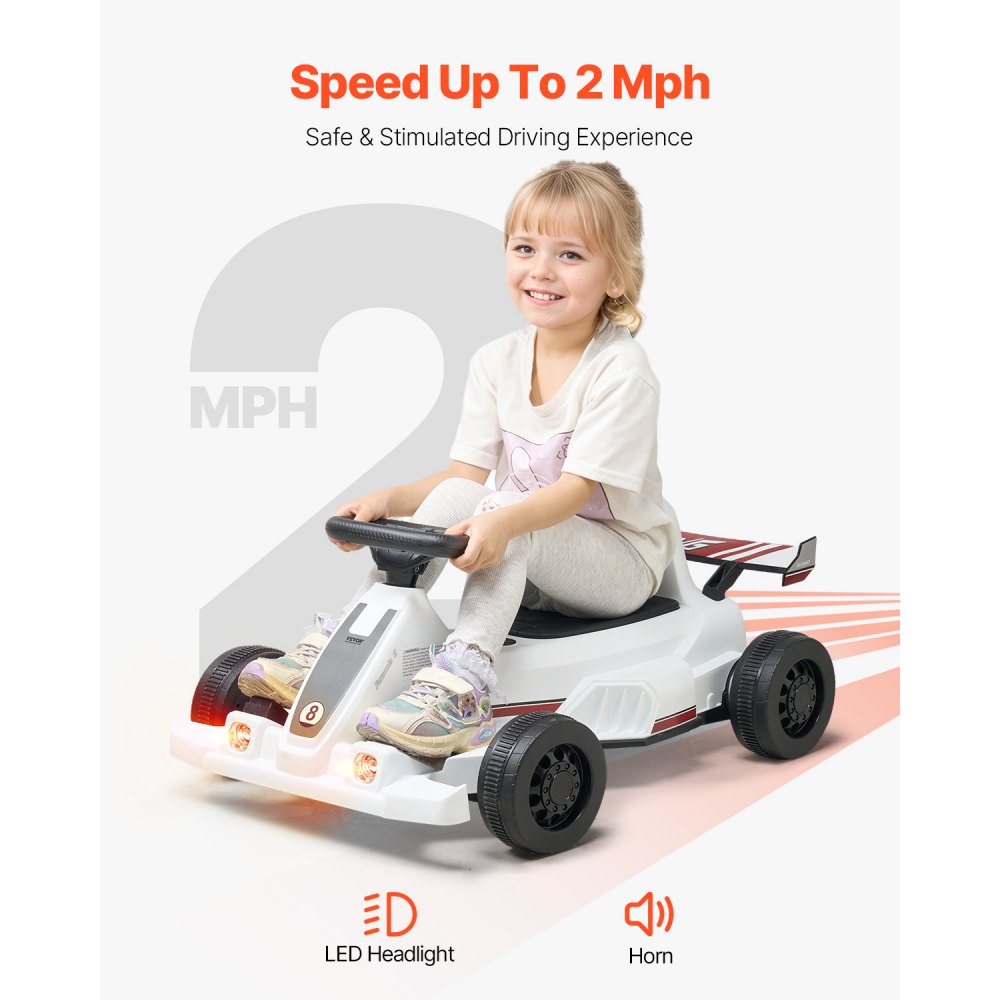 VEVOR Electric Go Kart, 6V 4.5Ah Battery, Pedal Go Kart Portable Outdoor Race Toy for Kids Ages 2+, 20000 RPM Motor, 2 MPH Constant Speed, LED Headlight & Horn, Non-slip Tires, 44 lbs Max Load, White