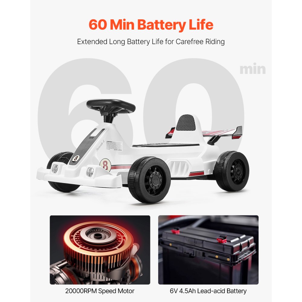VEVOR Electric Go Kart, 6V 4.5Ah Battery, Pedal Go Kart Portable Outdoor Race Toy for Kids Ages 2+, 20000 RPM Motor, 2 MPH Constant Speed, LED Headlight & Horn, Non-slip Tires, 44 lbs Max Load, White