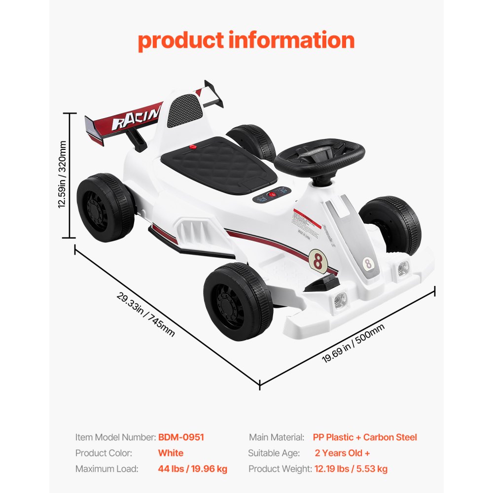 VEVOR Electric Go Kart, 6V 4.5Ah Battery, Pedal Go Kart Portable Outdoor Race Toy for Kids Ages 2+, 20000 RPM Motor, 2 MPH Constant Speed, LED Headlight & Horn, Non-slip Tires, 44 lbs Max Load, White