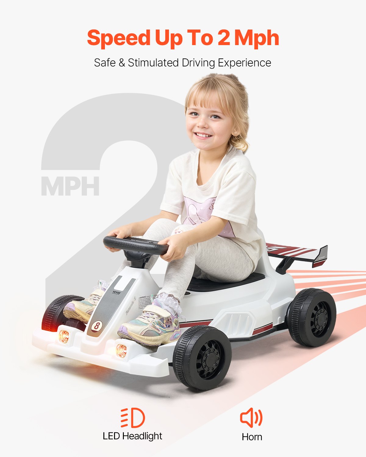 VEVOR Electric Go Kart, 6V 4.5Ah Battery, Pedal Go Kart Portable Outdoor Race Toy for Kids Ages 2+, 20000 RPM Motor, 2 MPH Constant Speed, LED Headlight & Horn, Non-slip Tires, 44 lbs Max Load, White