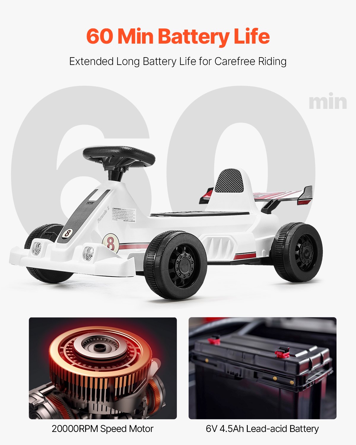 VEVOR Electric Go Kart, 6V 4.5Ah Battery, Pedal Go Kart Portable Outdoor Race Toy for Kids Ages 2+, 20000 RPM Motor, 2 MPH Constant Speed, LED Headlight & Horn, Non-slip Tires, 44 lbs Max Load, White