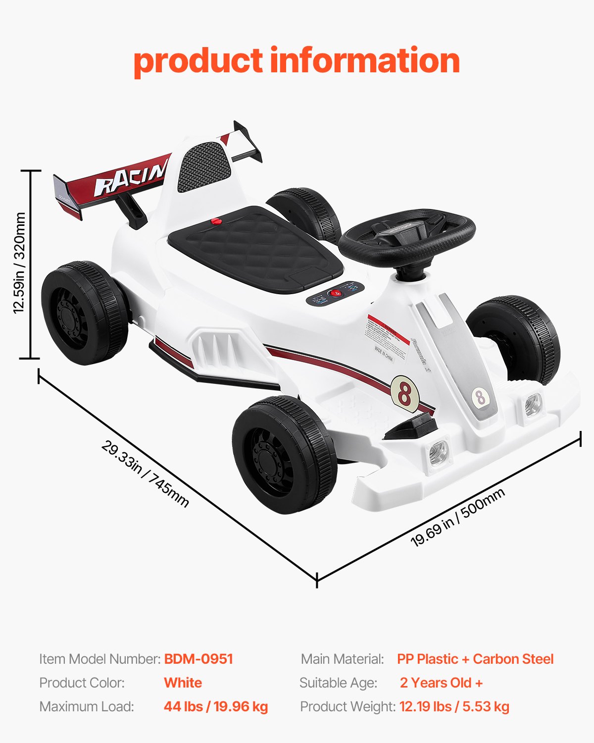 VEVOR Electric Go Kart, 6V 4.5Ah Battery, Pedal Go Kart Portable Outdoor Race Toy for Kids Ages 2+, 20000 RPM Motor, 2 MPH Constant Speed, LED Headlight & Horn, Non-slip Tires, 44 lbs Max Load, White