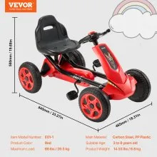 Christmas Gifts! VEVOR Go Kart 4 Wheel Pedal Ride On Toy for Kids Ages 3-8 Adjustable Seat Red