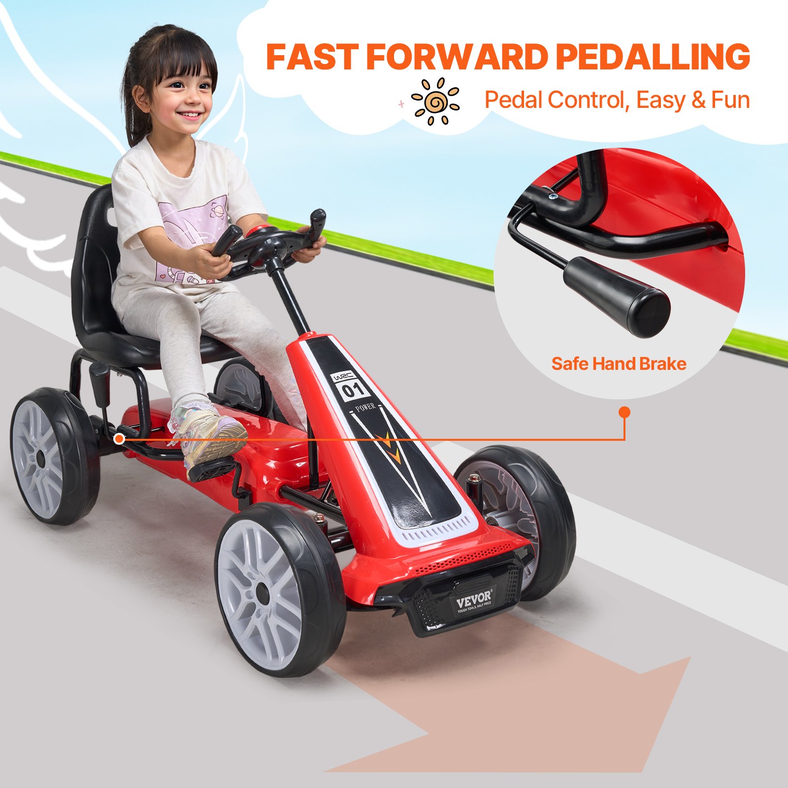 VEVOR Kids Pedal Go Kart, 4 Wheel Off-Road Pedal Go Cart Ride On Toy for Kids, Steering Wheel, Adjustable Seat, Hand Brake, EVA Wheels, Outdoor Racer Ride On Pedal Car for Boys & Girls Ages 5-12, Red