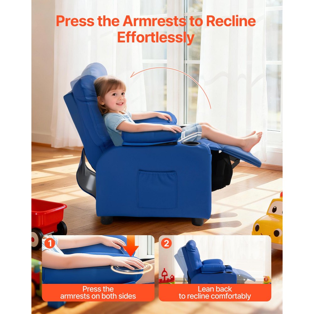 VEVOR Kids Reclining Chair, Toddler Recliner with 2 Cup Holders and 4 Pockets, 107° to 126° Adjustable Back, Easy-to-Clean PU Leather Recliner Couch with Footrest, for Boys, Girls & Children (Blue)