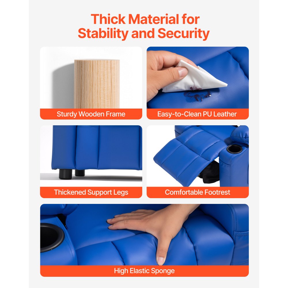 VEVOR Kids Reclining Chair, Toddler Recliner with 2 Cup Holders and 4 Pockets, 107° to 126° Adjustable Back, Easy-to-Clean PU Leather Recliner Couch with Footrest, for Boys, Girls & Children (Blue)