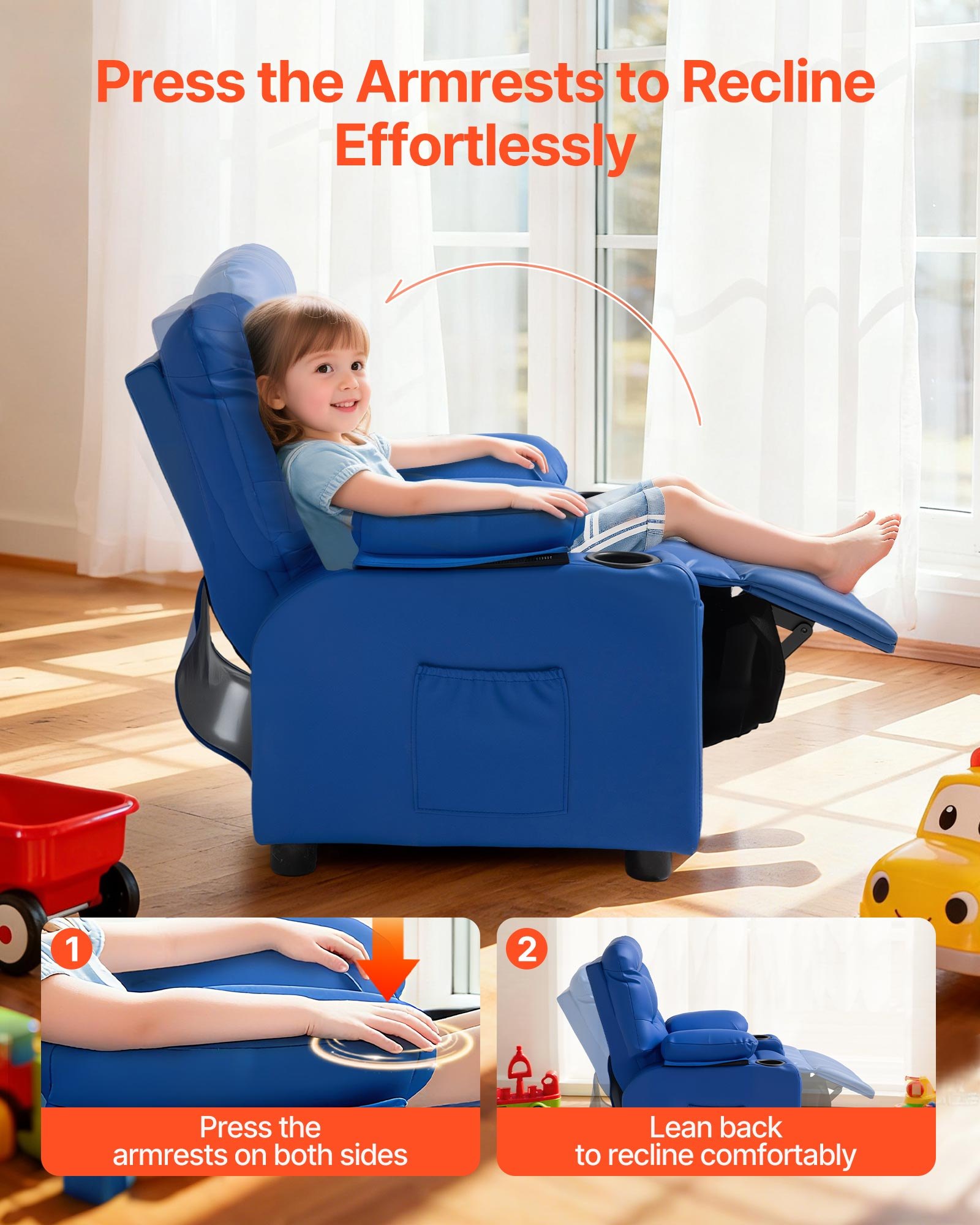 VEVOR Kids Reclining Chair, Toddler Recliner with 2 Cup Holders and 4 Pockets, 107° to 126° Adjustable Back, Easy-to-Clean PU Leather Recliner Couch with Footrest, for Boys, Girls & Children (Blue)