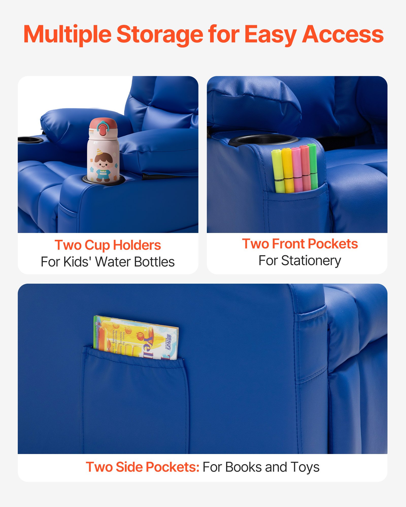 VEVOR Kids Reclining Chair, Toddler Recliner with 2 Cup Holders and 4 Pockets, 107° to 126° Adjustable Back, Easy-to-Clean PU Leather Recliner Couch with Footrest, for Boys, Girls & Children (Blue)