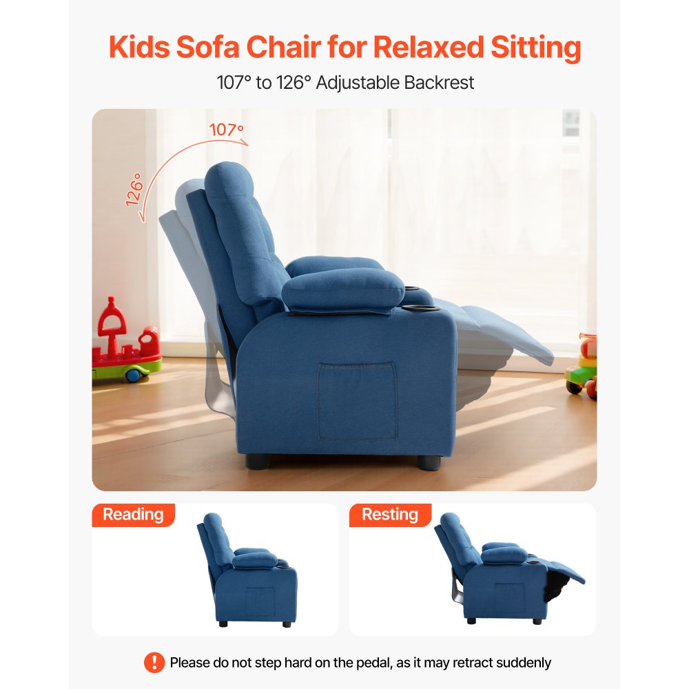 VEVOR Kids Recliner Chair, Toddler Lounger with Cup Holders & Pockets, 107° to 126° Adjustable Back, Breathable Polyester Upholstery Reclining Sofa with Foot-rest, for Boys and Girls, Children (Blue)