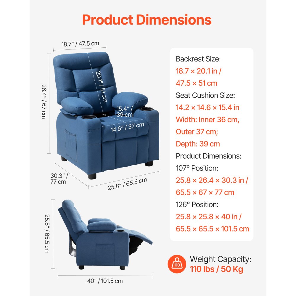 VEVOR Kids Recliner Chair, Toddler Lounger with Cup Holders & Pockets, 107° to 126° Adjustable Back, Breathable Polyester Upholstery Reclining Sofa with Foot-rest, for Boys and Girls, Children (Blue)