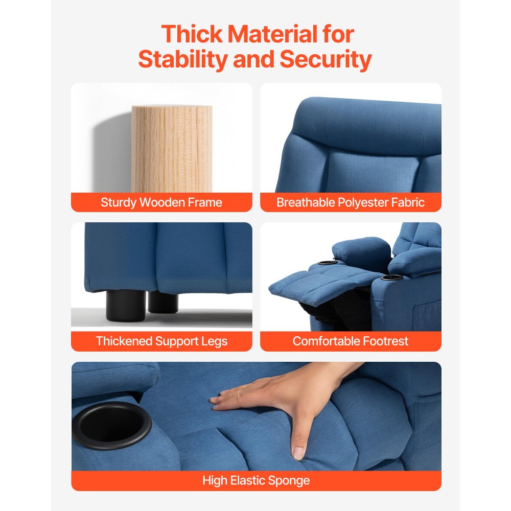 VEVOR Kids Recliner Chair, Toddler Lounger with Cup Holders & Pockets, 107° to 126° Adjustable Back, Breathable Polyester Upholstery Reclining Sofa with Foot-rest, for Boys and Girls, Children (Blue)