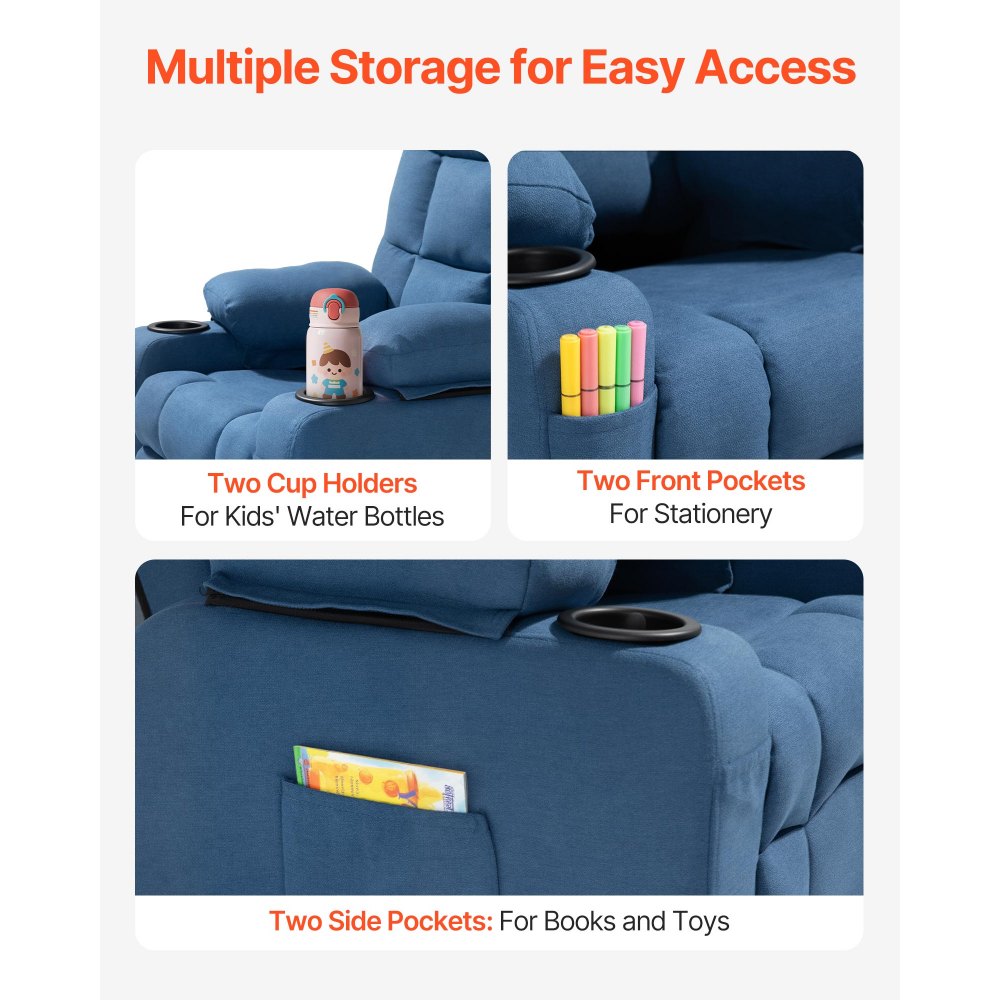 VEVOR Kids Recliner Chair, Toddler Lounger with Cup Holders & Pockets, 107° to 126° Adjustable Back, Breathable Polyester Upholstery Reclining Sofa with Foot-rest, for Boys and Girls, Children (Blue)