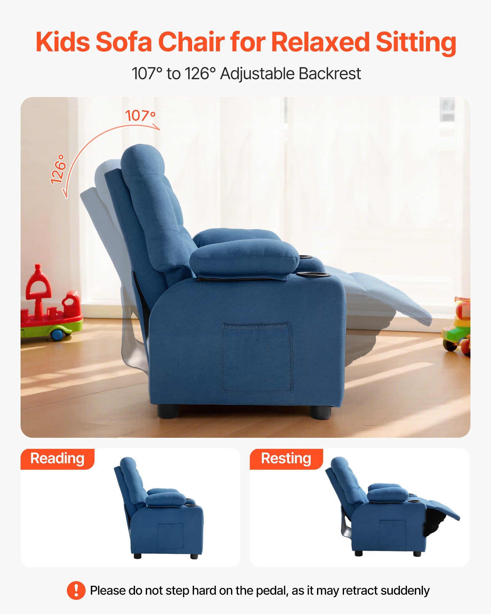 VEVOR Kids Recliner Chair, Toddler Lounger with Cup Holders & Pockets, 107° to 126° Adjustable Back, Breathable Polyester Upholstery Reclining Sofa with Foot-rest, for Boys and Girls, Children (Blue)