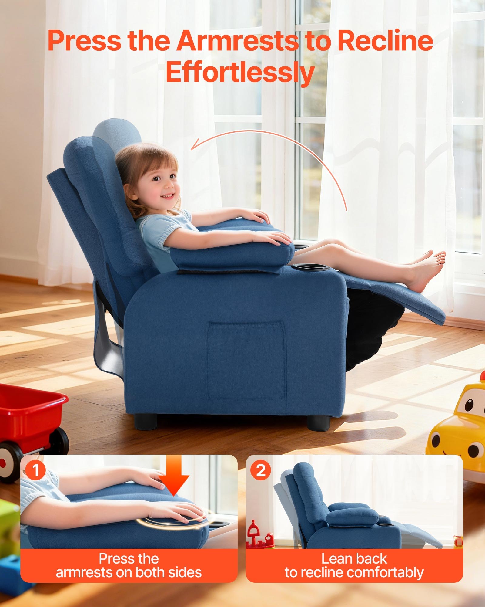 VEVOR Kids Recliner Chair, Toddler Lounger with Cup Holders & Pockets, 107° to 126° Adjustable Back, Breathable Polyester Upholstery Reclining Sofa with Foot-rest, for Boys and Girls, Children (Blue)