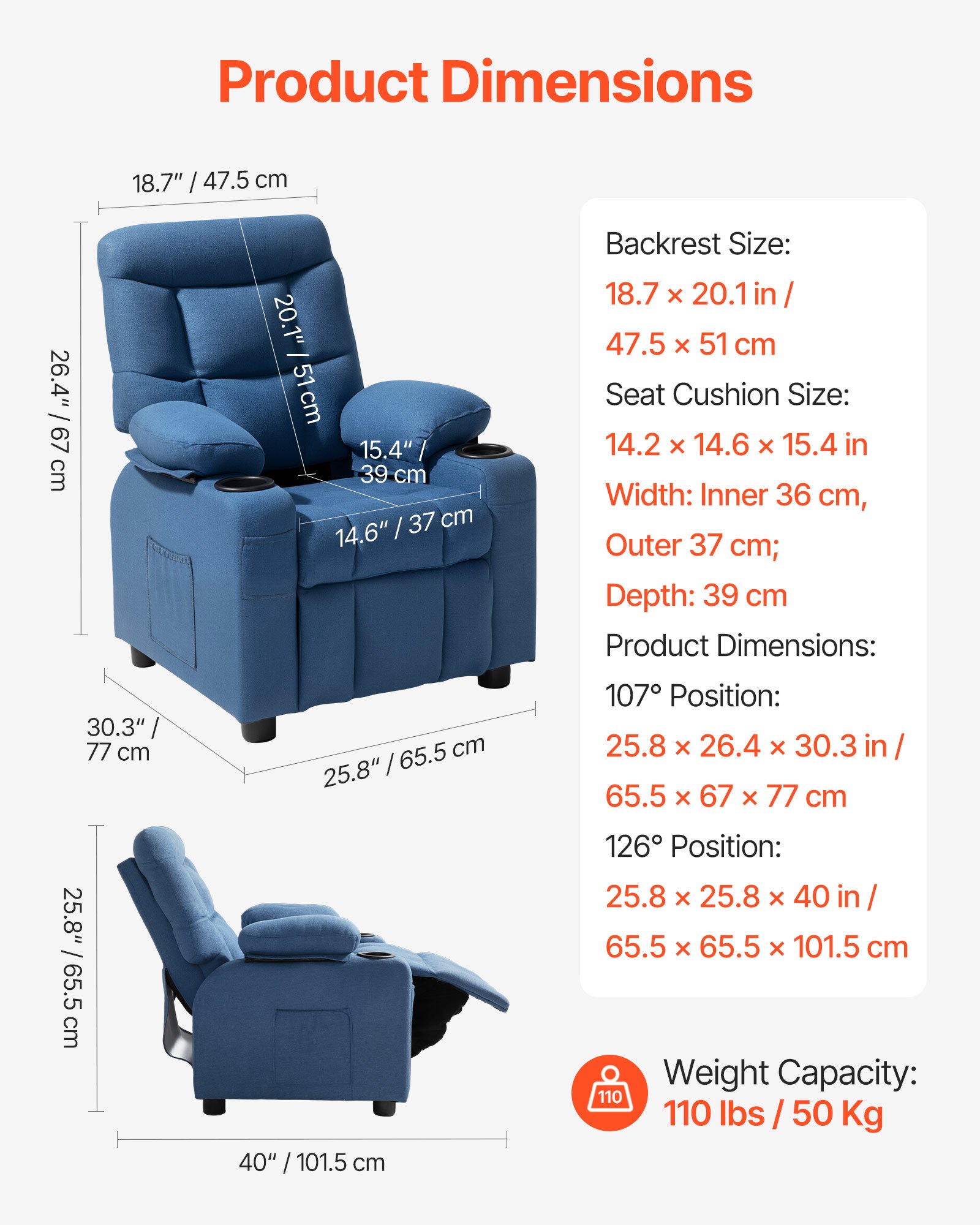 VEVOR Kids Recliner Chair, Toddler Lounger with Cup Holders & Pockets, 107° to 126° Adjustable Back, Breathable Polyester Upholstery Reclining Sofa with Foot-rest, for Boys and Girls, Children (Blue)