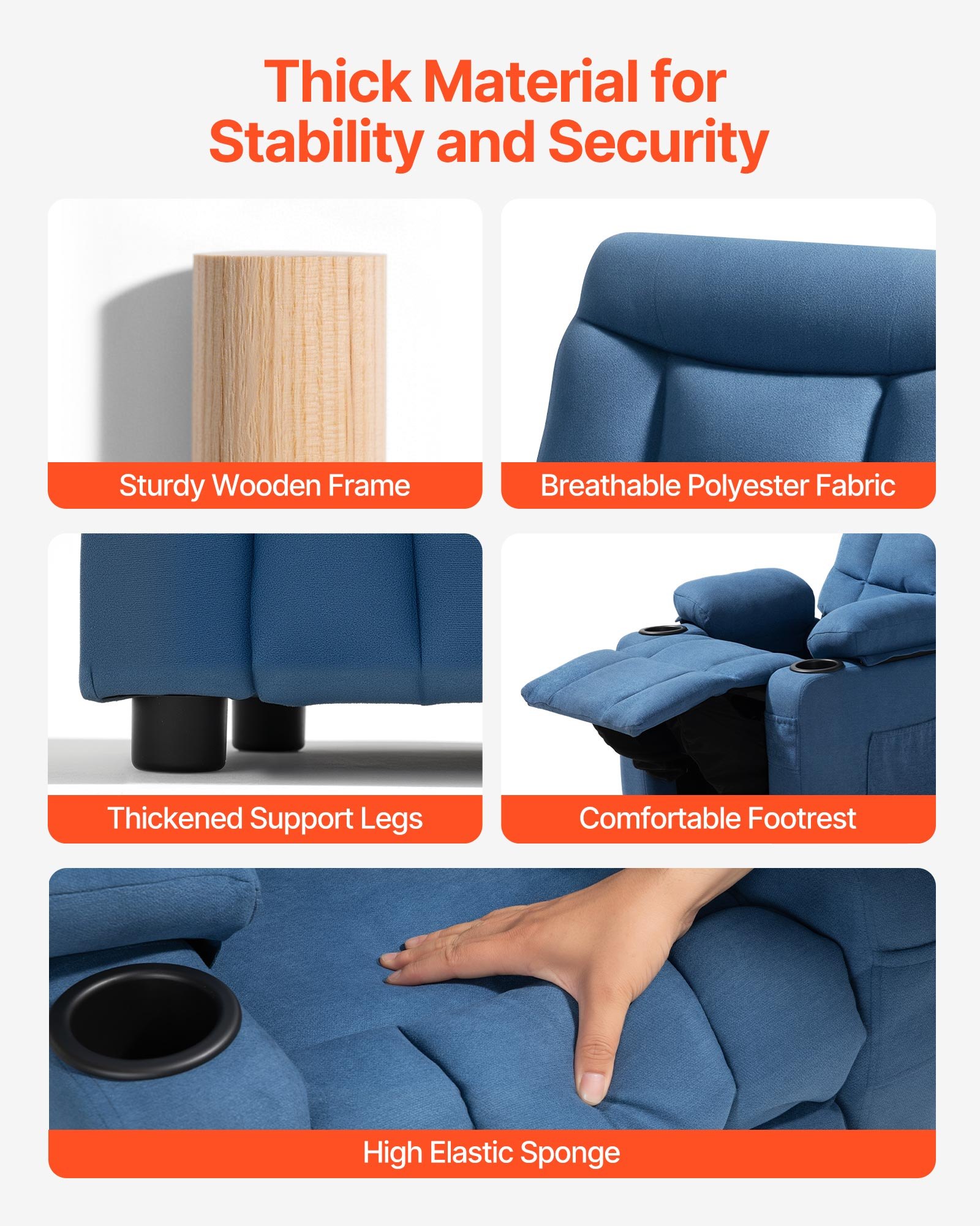 VEVOR Kids Recliner Chair, Toddler Lounger with Cup Holders & Pockets, 107° to 126° Adjustable Back, Breathable Polyester Upholstery Reclining Sofa with Foot-rest, for Boys and Girls, Children (Blue)