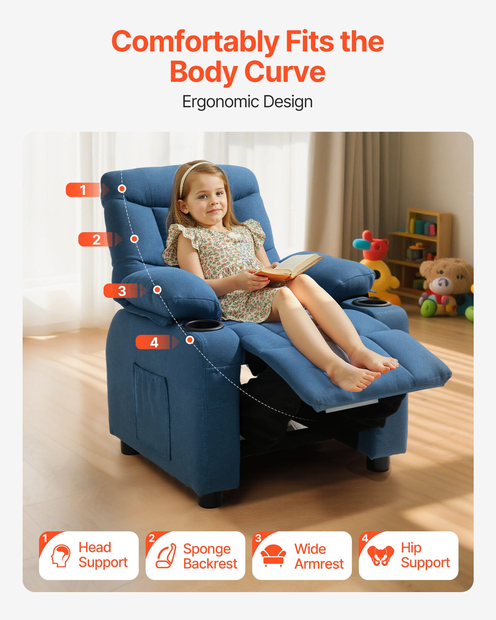 VEVOR Kids Recliner Chair, Toddler Lounger with Cup Holders & Pockets, 107° to 126° Adjustable Back, Breathable Polyester Upholstery Reclining Sofa with Foot-rest, for Boys and Girls, Children (Blue)