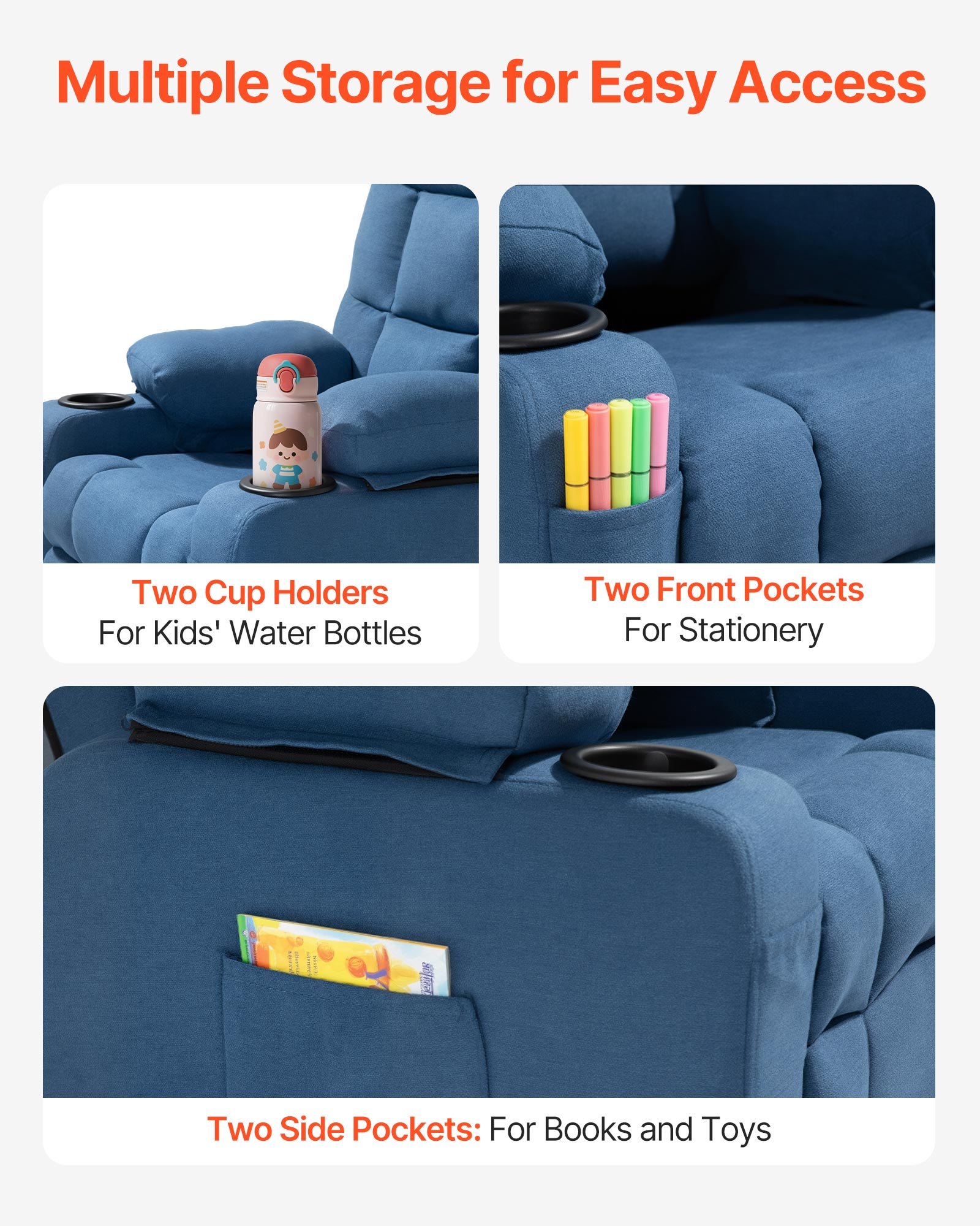 VEVOR Kids Recliner Chair, Toddler Lounger with Cup Holders & Pockets, 107° to 126° Adjustable Back, Breathable Polyester Upholstery Reclining Sofa with Foot-rest, for Boys and Girls, Children (Blue)