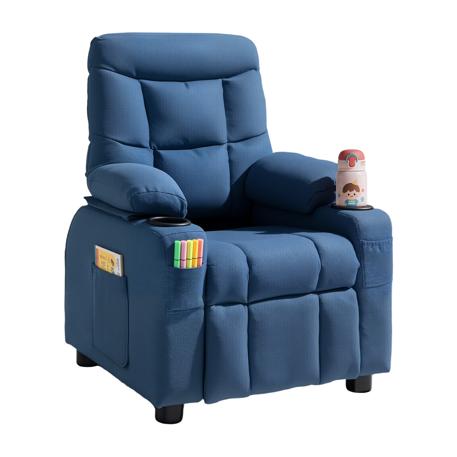 VEVOR Kids Recliner Chair, Toddler Lounger with Cup Holders & Pockets, 107° to 126° Adjustable Back, Breathable Polyester Upholstery Reclining Sofa with Foot-rest, for Boys and Girls, Children (Blue)
