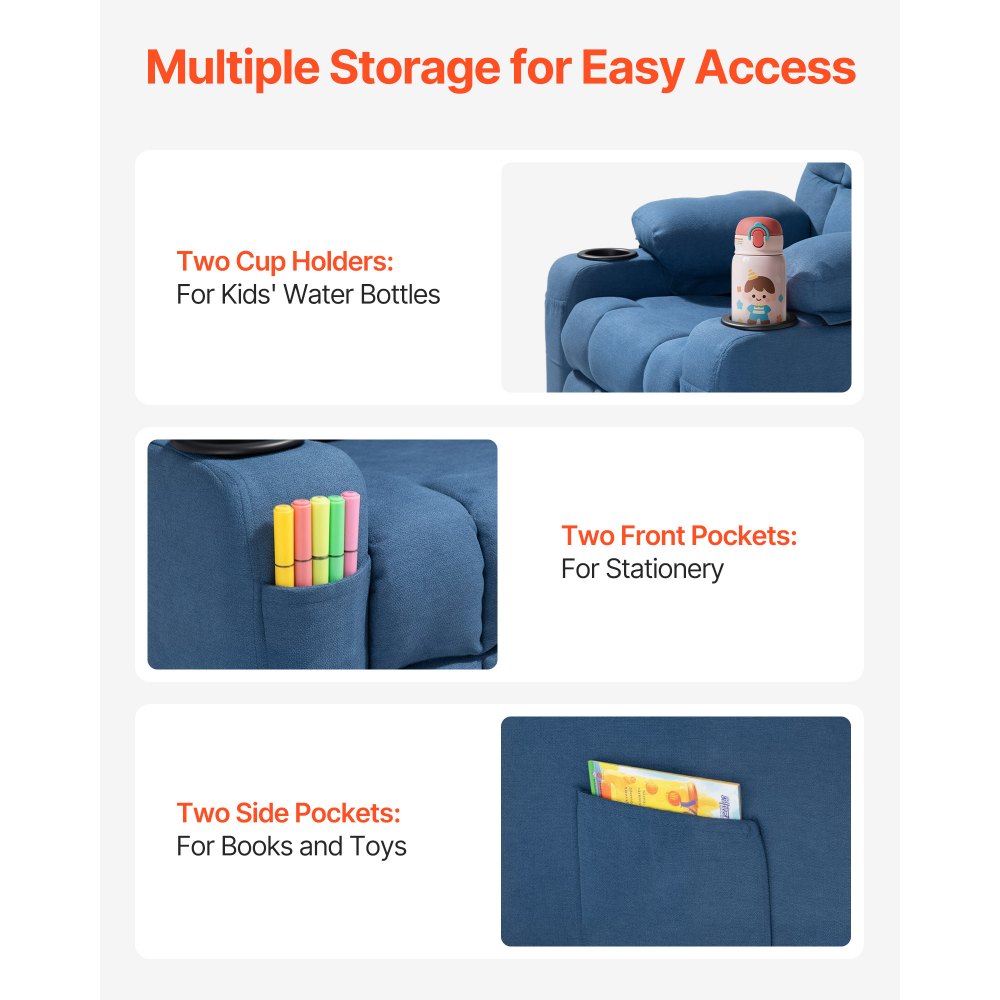 VEVOR Kids Reclining Chair, Toddler Recliner with Cup Holders and Pockets, 107° to 126° Adjustable Backrest, Breathable Polyester Fabric Recliner Couch with Footrest, for Boys & Girls, Children(Blue)