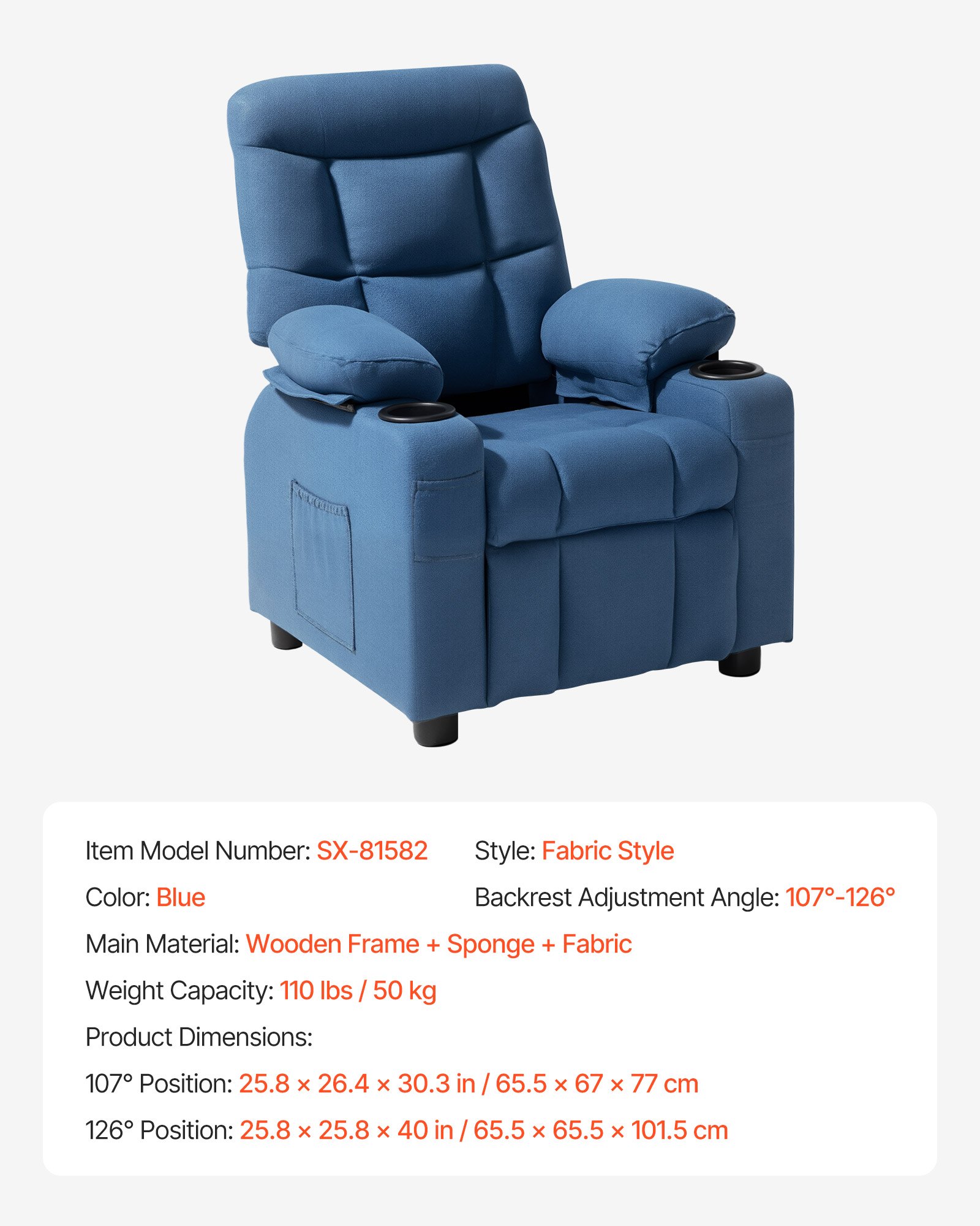 VEVOR Kids Reclining Chair, Toddler Recliner with Cup Holders and Pockets, 107° to 126° Adjustable Backrest, Breathable Polyester Fabric Recliner Couch with Footrest, for Boys & Girls, Children(Blue)