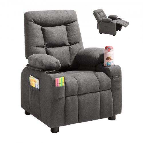 VEVOR Kids Reclining Chair, Toddler Recliner with Cup Holders and Pockets, 107° to 126° Adjustable Backrest, Breathable Polyester Fabric Recliner Couch with Footrest, for Boys & Girls, Children(Grey)