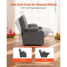 VEVOR Kids Reclining Chair, Toddler Recliner with Cup Holders and Pockets, 107° to 126° Adjustable Backrest, Breathable Polyester Fabric Recliner Couch with Footrest, for Boys & Girls, Children(Grey)