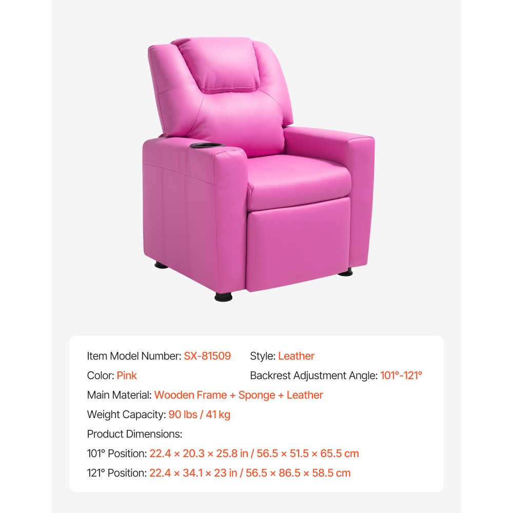 VEVOR Kids Reclining Chair, Toddler Recliner with Cup Holder, 101° to 121° Adjustable Backrest, Easy-to-Clean PU Leather Recliner Couch with Footrest, 90 lbs Load, for Boys & Girls, Children (Pink)
