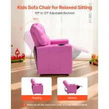 VEVOR Kids Reclining Chair, Toddler Recliner with Cup Holder, 101° to 121° Adjustable Backrest, Easy-to-Clean PU Leather Recliner Couch with Footrest, 90 lbs Load, for Boys & Girls, Children (Pink)
