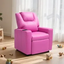 VEVOR Kids Reclining Chair, Toddler Recliner with Cup Holder, 101° to 121° Adjustable Backrest, Easy-to-Clean PU Leather Recliner Couch with Footrest, 90 lbs Load, for Boys & Girls, Children (Pink)
