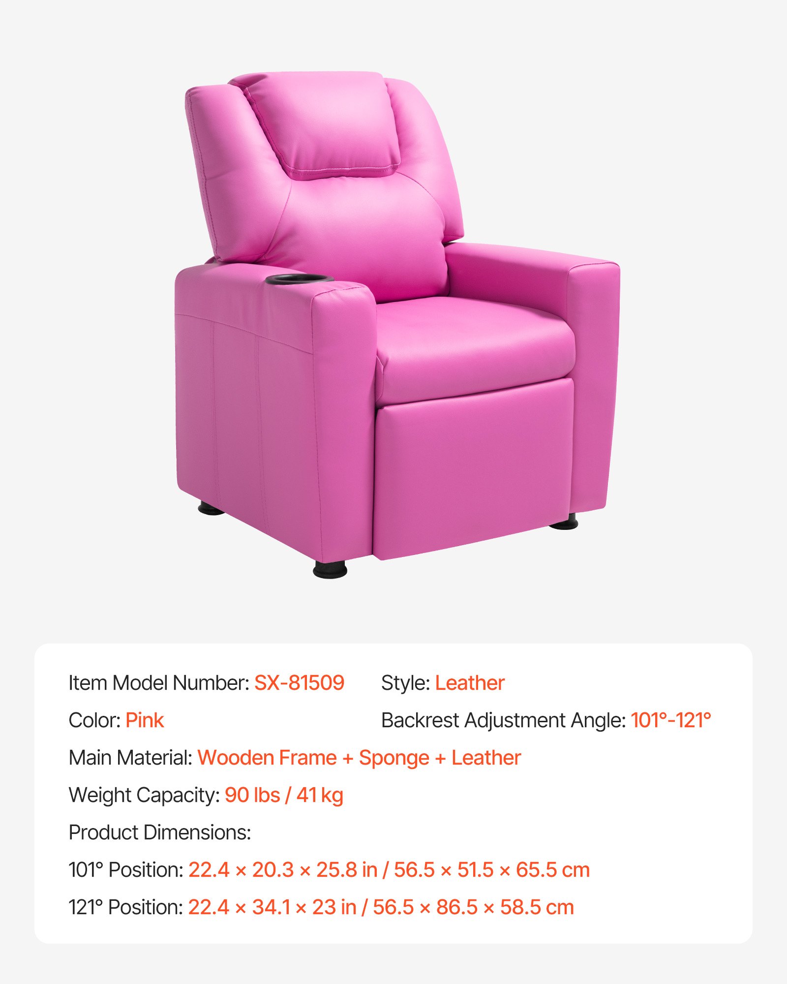 VEVOR Kids Reclining Chair, Toddler Recliner with Cup Holder, 101° to 121° Adjustable Backrest, Easy-to-Clean PU Leather Recliner Couch with Footrest, 90 lbs Load, for Boys & Girls, Children (Pink)