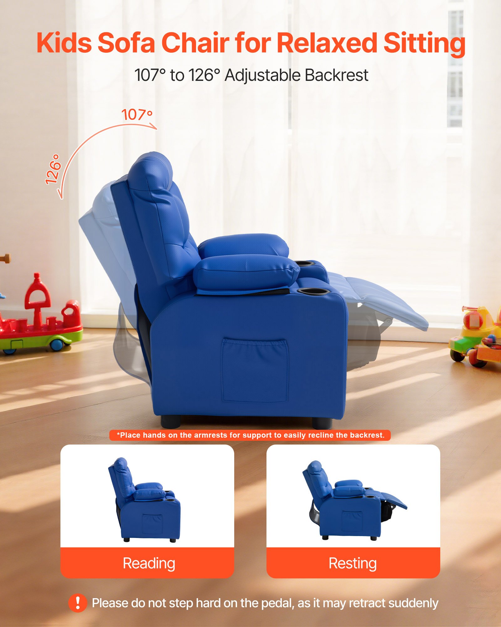 VEVOR Kids Reclining Chair, Toddler Recliner with Cup Holders and Pockets, 107° to 126° Adjustable Backrest, Easy-to-Clean PU Leather Recliner Couch with Footrest, for Boys & Girls, Children (Blue)