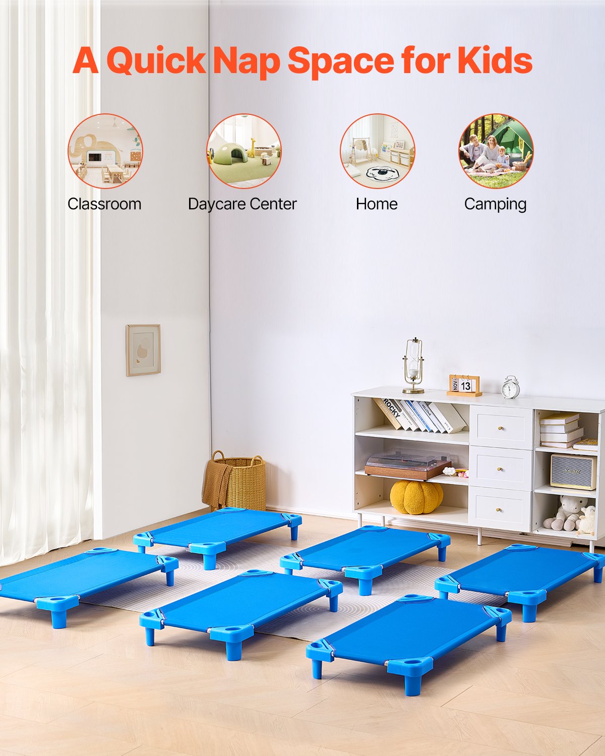 VEVOR Stackable Kiddie Cot, Pack of 6,  Portable Toddler Nap Cots, Standard Size 40" L x 23" W Daycare Cots for Kids, Preschool Classroom Daycare Beds for Sleeping, Resting, Naptime, Blue