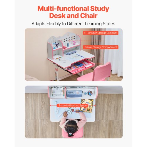 VEVOR Ensemble Bureau + Chaise Enfant Réglable En Hauteur – Avec Tiroir & Étagère – Table Étude Ergonomique Rose – Idéal Chambre, Apprentissage, 3-12 Ans