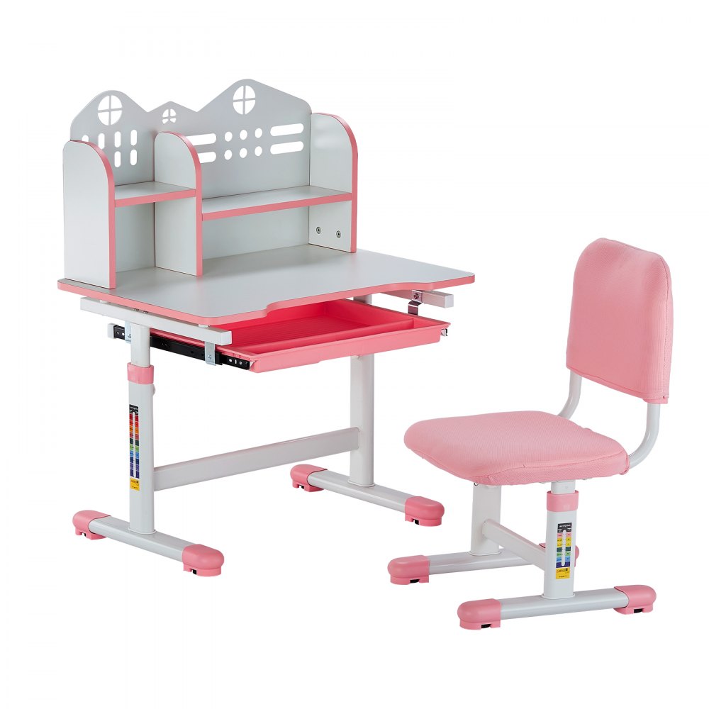 VEVOR Kids Study Chair and Desk Set, Study Desk and Chair for Kids with Bookshelf and Storage Drawer, Adjustable Height Kids Study Desk with Chair, Children Study Table for Bedroom & Study Room, Pink