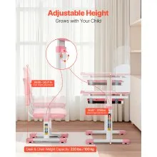 VEVOR Kids Study Chair and Desk Set, Study Desk and Chair for Kids with Bookshelf and Storage Drawer, Adjustable Height Kids Study Desk with Chair, Children Study Table for Bedroom & Study Room, Pink