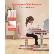 VEVOR Kids Study Chair and Desk Set, Study Desk and Chair for Kids with Bookshelf and Storage Drawer, Adjustable Height Kids Study Desk with Chair, Children Study Table for Bedroom & Study Room, Pink