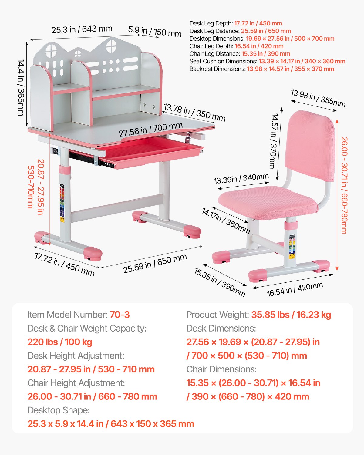 VEVOR Kids Study Chair and Desk Set, Study Desk and Chair for Kids with Bookshelf and Storage Drawer, Adjustable Height Kids Study Desk with Chair, Children Study Table for Bedroom & Study Room, Pink