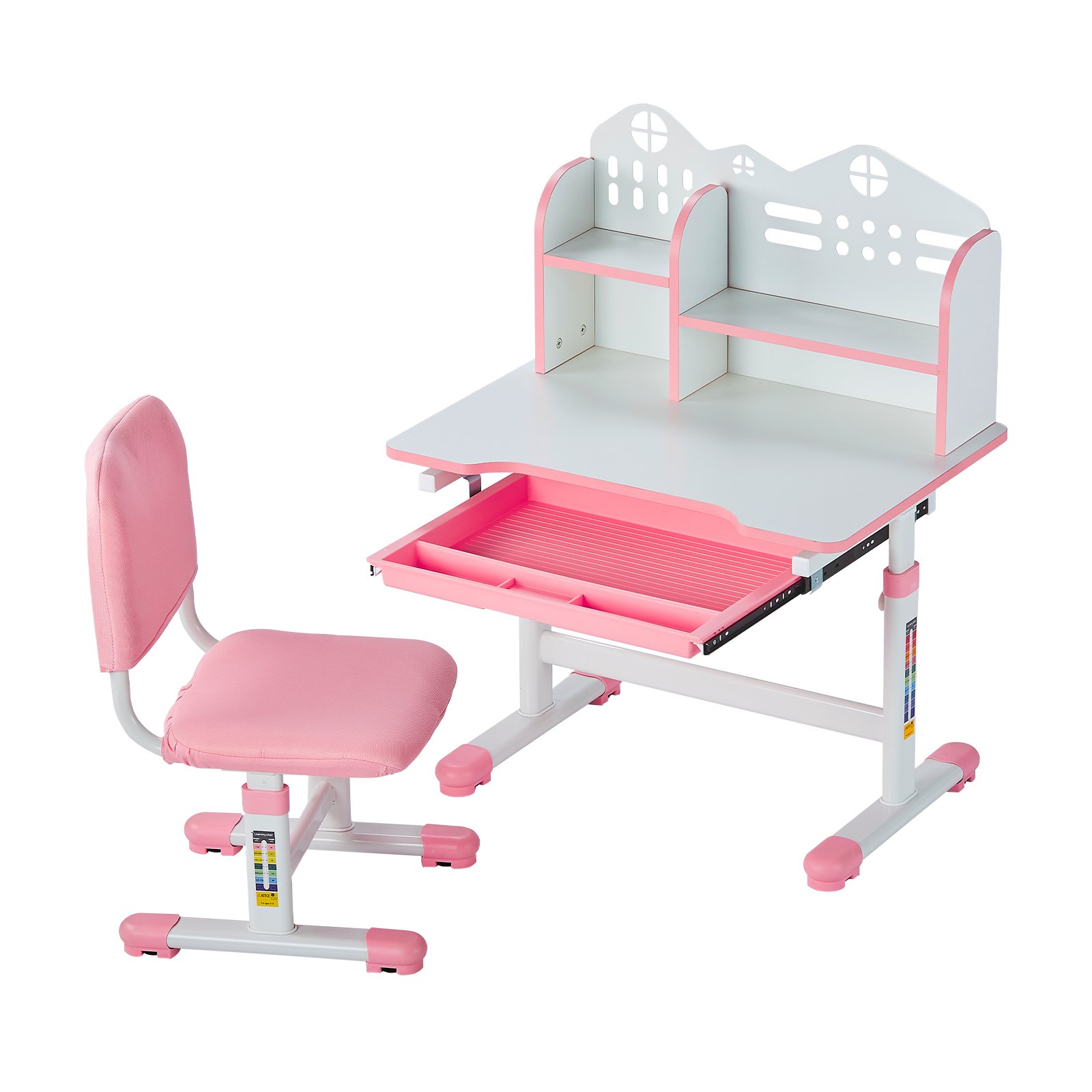 VEVOR Kids Study Chair and Desk Set, Study Desk and Chair for Kids with Bookshelf and Storage Drawer, Adjustable Height Kids Study Desk with Chair, Children Study Table for Bedroom & Study Room, Pink