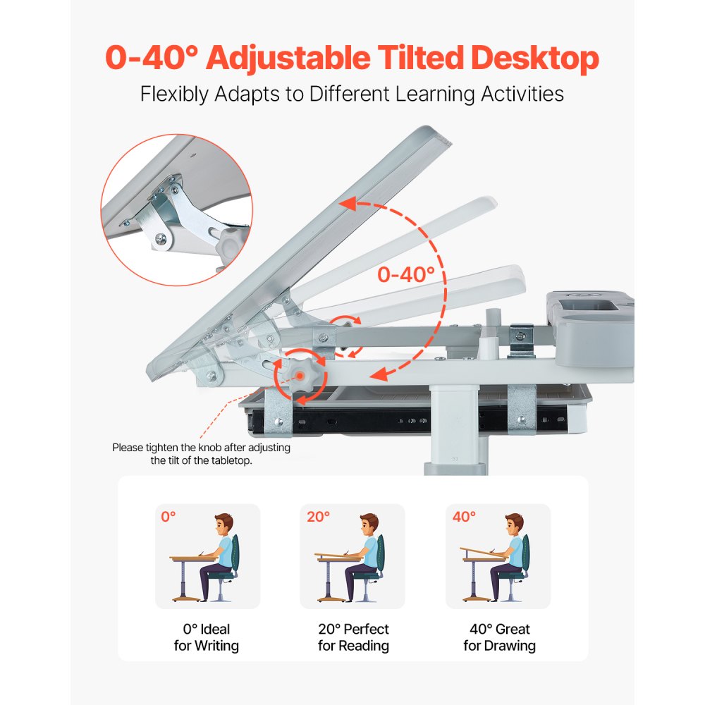 VEVOR Kids Study Chair and Desk Set, Study Desk and Chair for Kids with Table Lamp, Adjustable Height & 0-40° Tilted Desktop Kids Desk and Chair, Children Study Table for Bedroom & Study Room, Grey