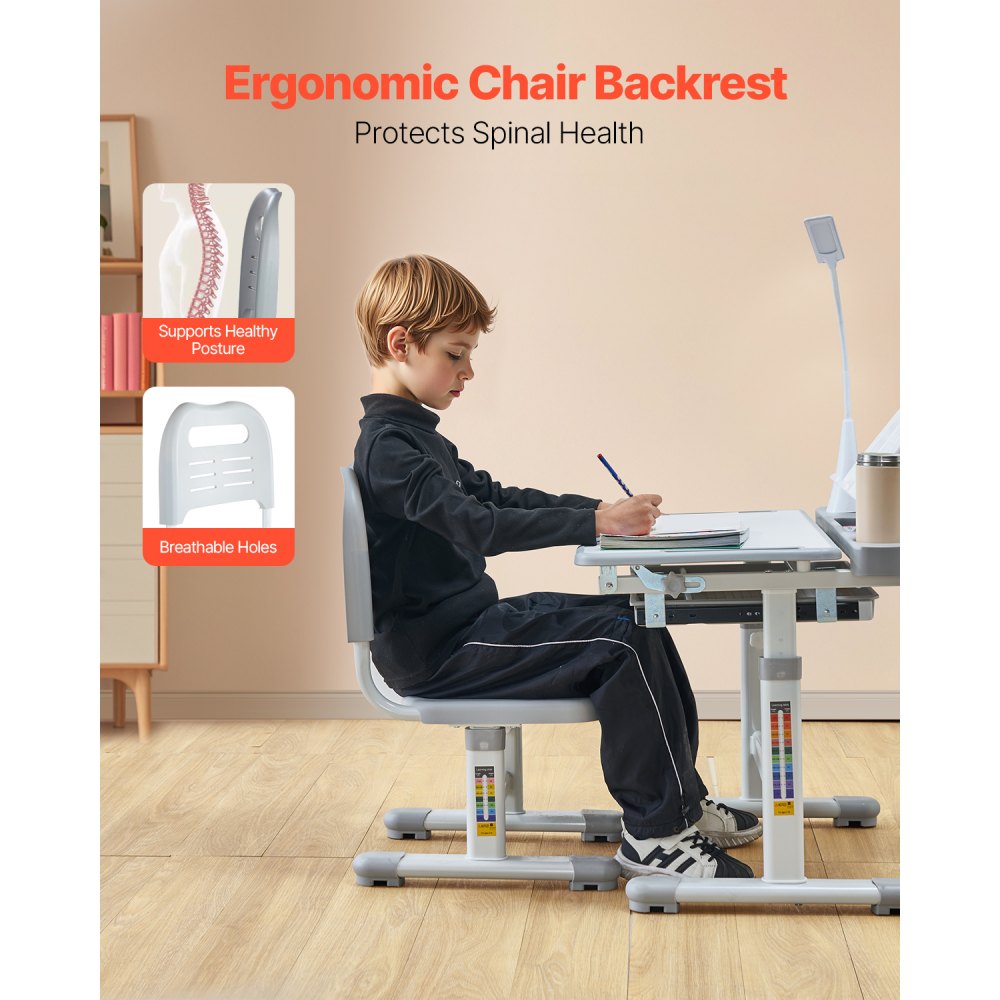 VEVOR Kids Study Chair and Desk Set, Study Desk and Chair for Kids with Table Lamp, Adjustable Height & 0-40° Tilted Desktop Kids Desk and Chair, Children Study Table for Bedroom & Study Room, Grey