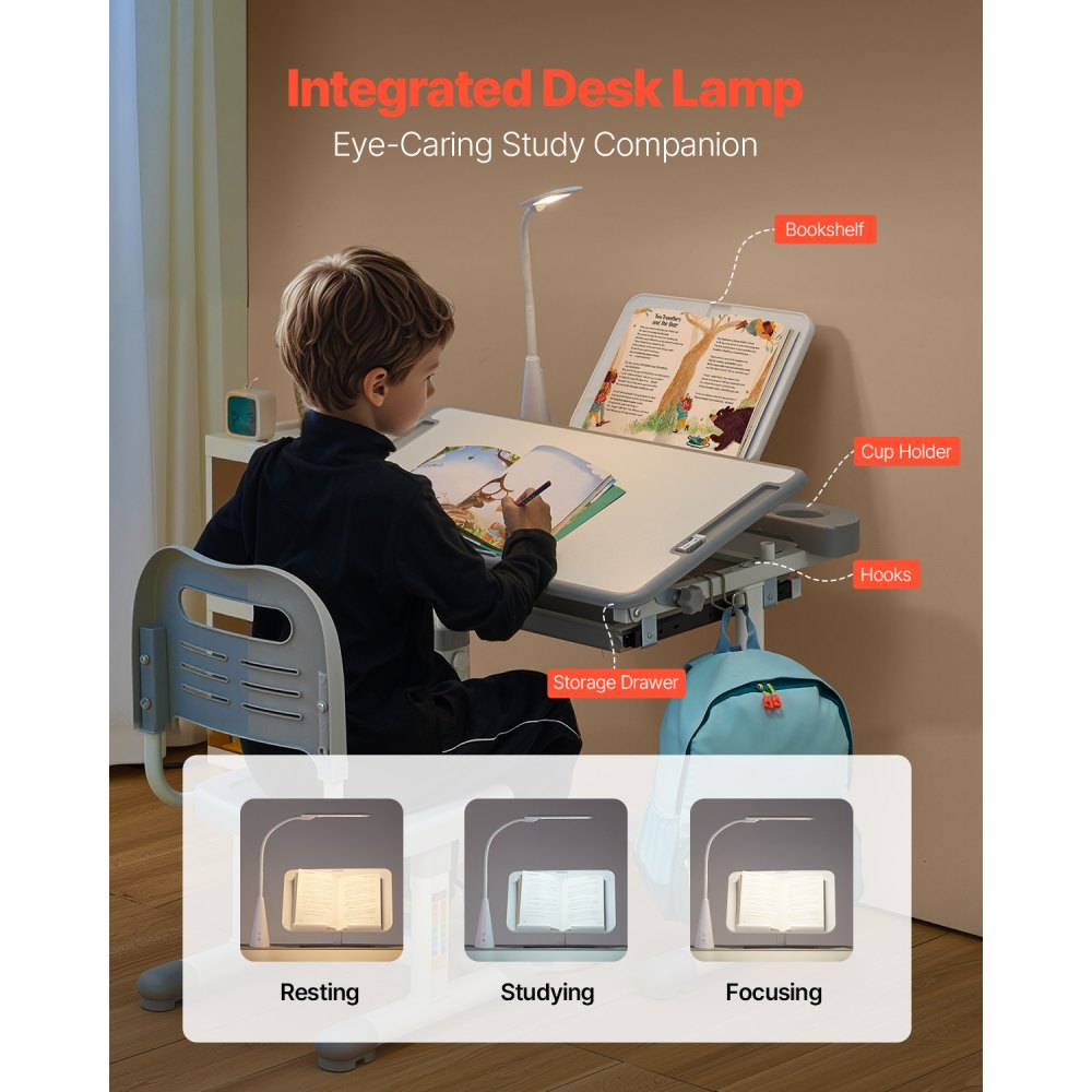VEVOR Kids Study Chair and Desk Set, Study Desk and Chair for Kids with Table Lamp, Adjustable Height & 0-40° Tilted Desktop Kids Desk and Chair, Children Study Table for Bedroom & Study Room, Grey