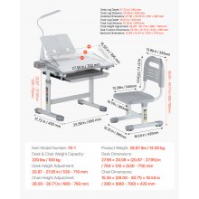 Kids Chair and Desk Set Table Lamp Adjustable Height & Tilted Desktop Grey
