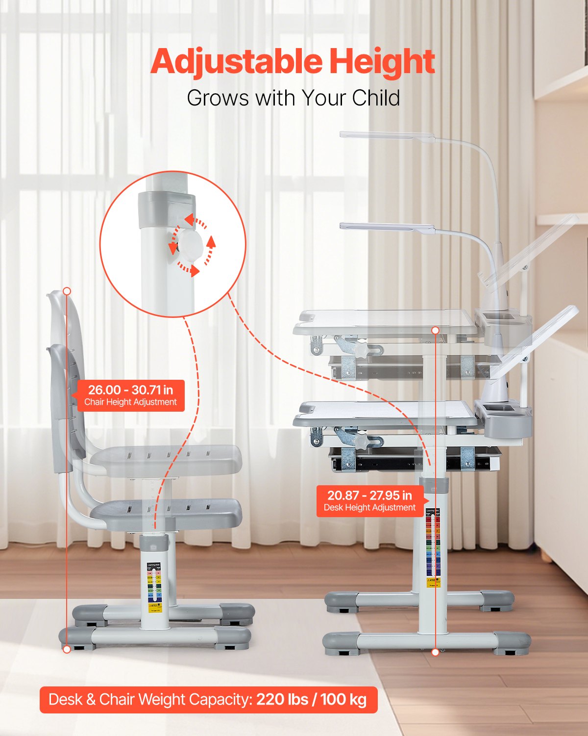 VEVOR Kids Study Chair and Desk Set, Study Desk and Chair for Kids with Table Lamp, Adjustable Height & 0-40° Tilted Desktop Kids Desk and Chair, Children Study Table for Bedroom & Study Room, Grey