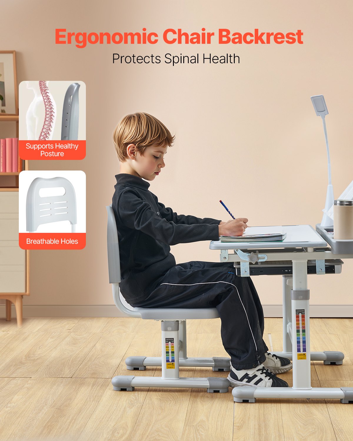 VEVOR Kids Study Chair and Desk Set, Study Desk and Chair for Kids with Table Lamp, Adjustable Height & 0-40° Tilted Desktop Kids Desk and Chair, Children Study Table for Bedroom & Study Room, Grey